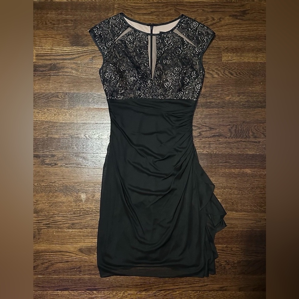 B&A by Betsy and Adam Black Tan Short Sleeve Midi Dress Lace Sequin Detail Sz 6